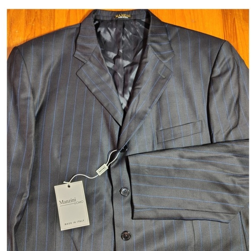 Manzini Uomo Men Navy Pinstripe Wool Suit Jacket Italy Made Super 120s Wool